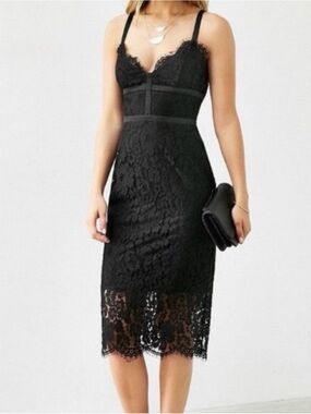 Express Black Lace Midi Dress with Spaghetti Straps